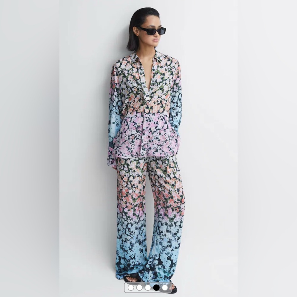 NWT $285 Reiss SERENA Wide-Leg Pleated Floral Pants, Size US 8 ,100% Viscose
